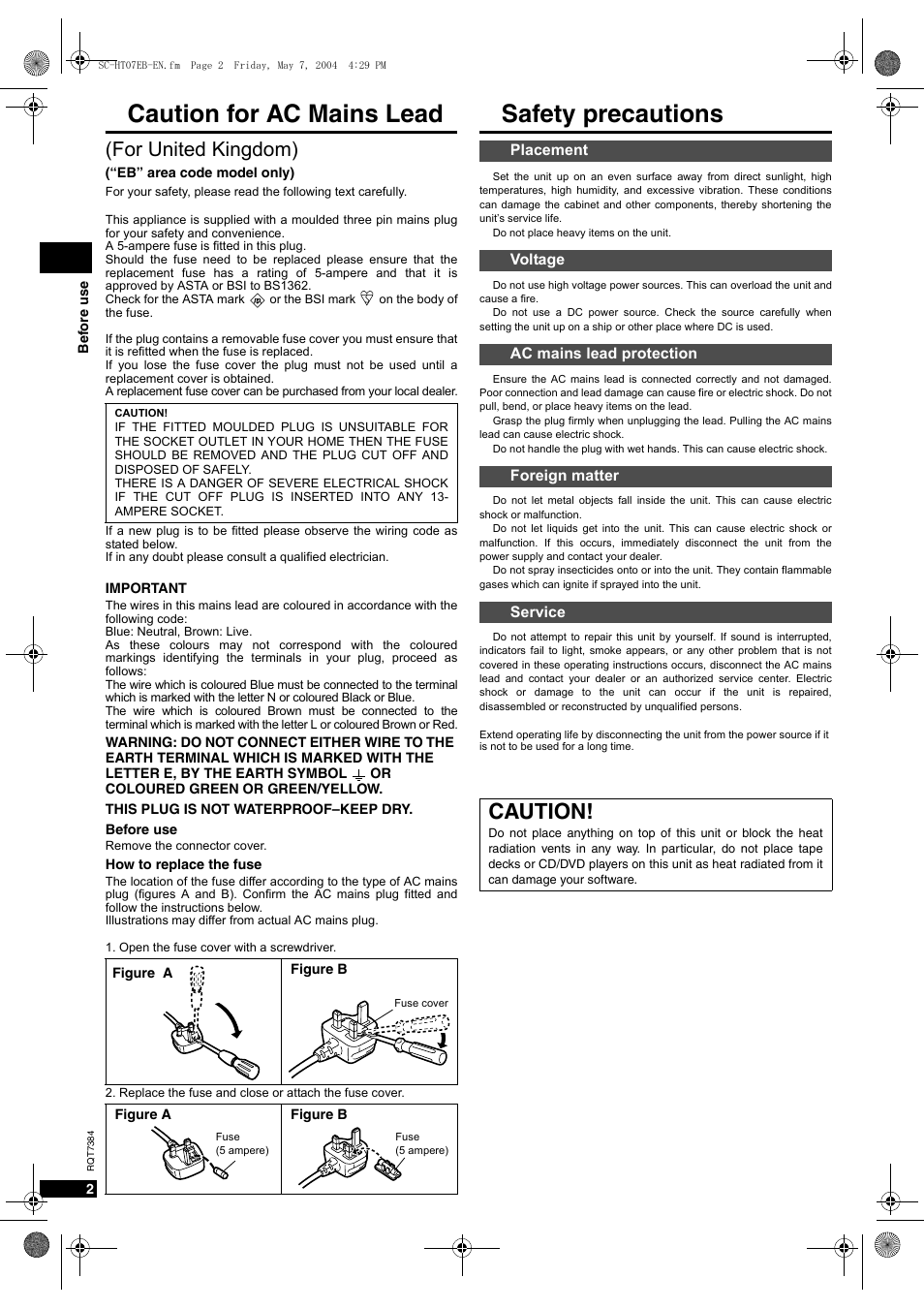 Caution for ac mains lead, Safety precautions, Caution | For united kingdom) | Panasonic SC-HT07  EN User Manual | Page 2 / 28