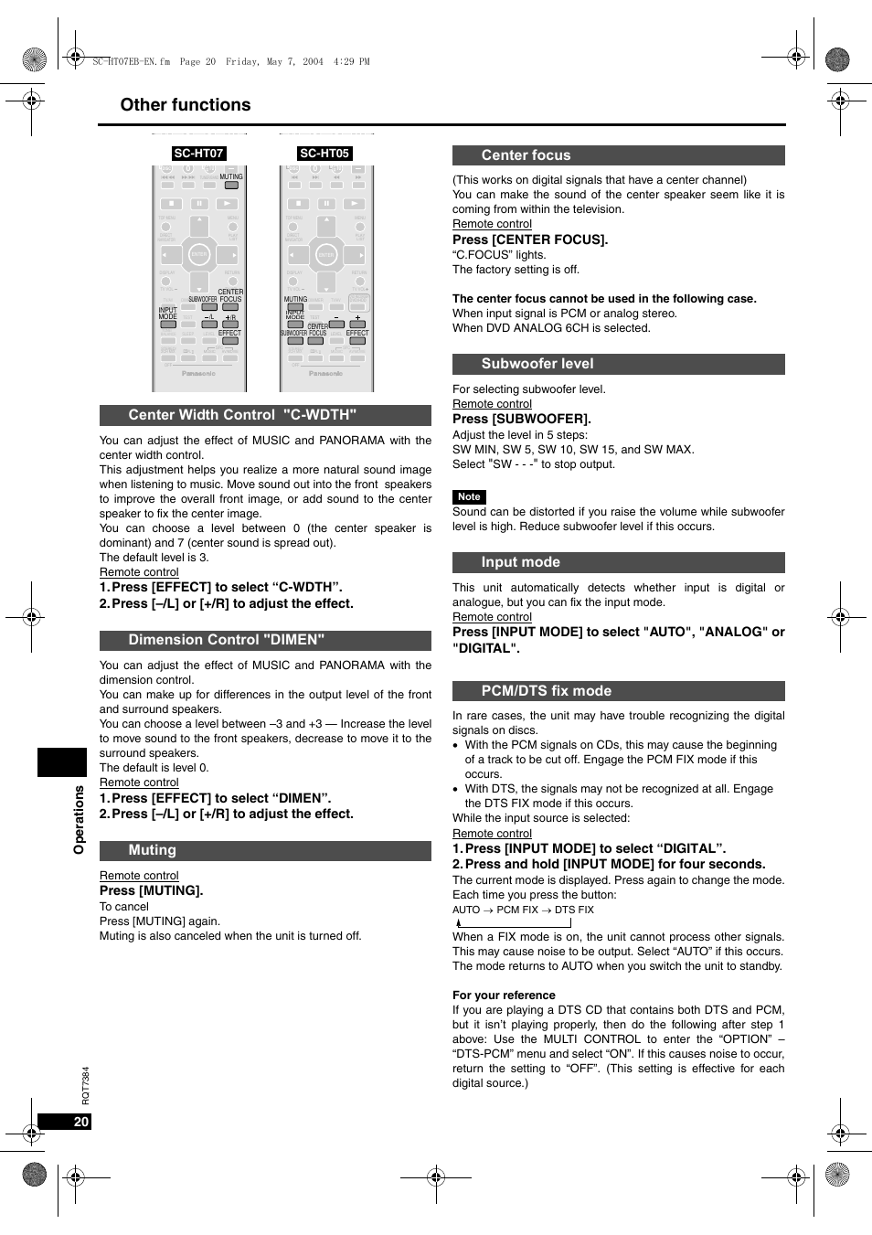 Other functions, Op eratio ns 20, Press [muting | Press [center focus, Press [subwoofer, Remote control, Sc-ht07 sc-ht05 | Panasonic SC-HT07  EN User Manual | Page 20 / 28