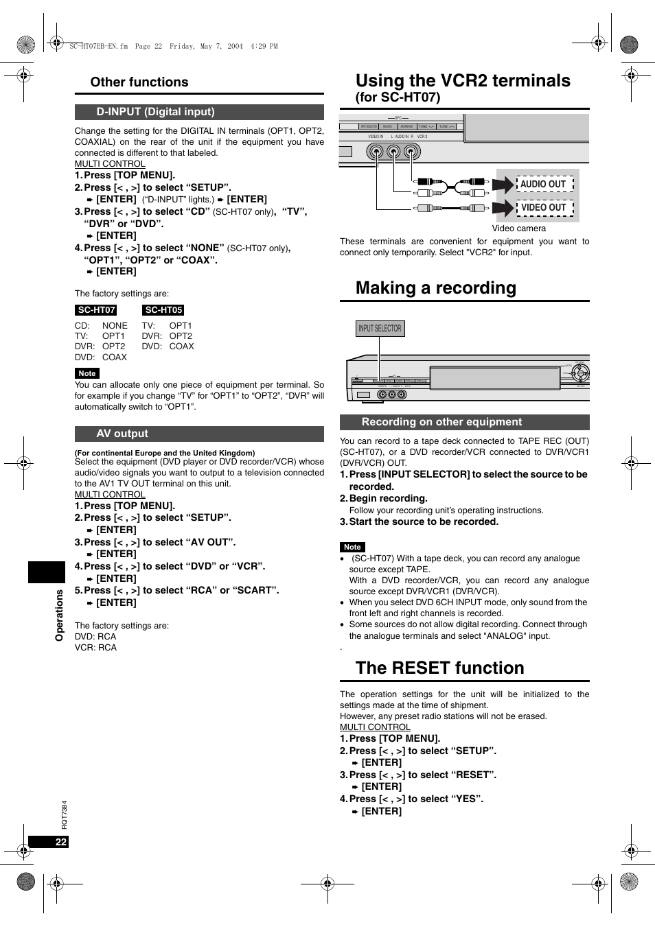 Making a recording, Using the vcr2 terminals, The reset function | For sc-ht07), Other functions, Recording on other equipment, D-input (digital input) av output | Panasonic SC-HT07  EN User Manual | Page 22 / 28