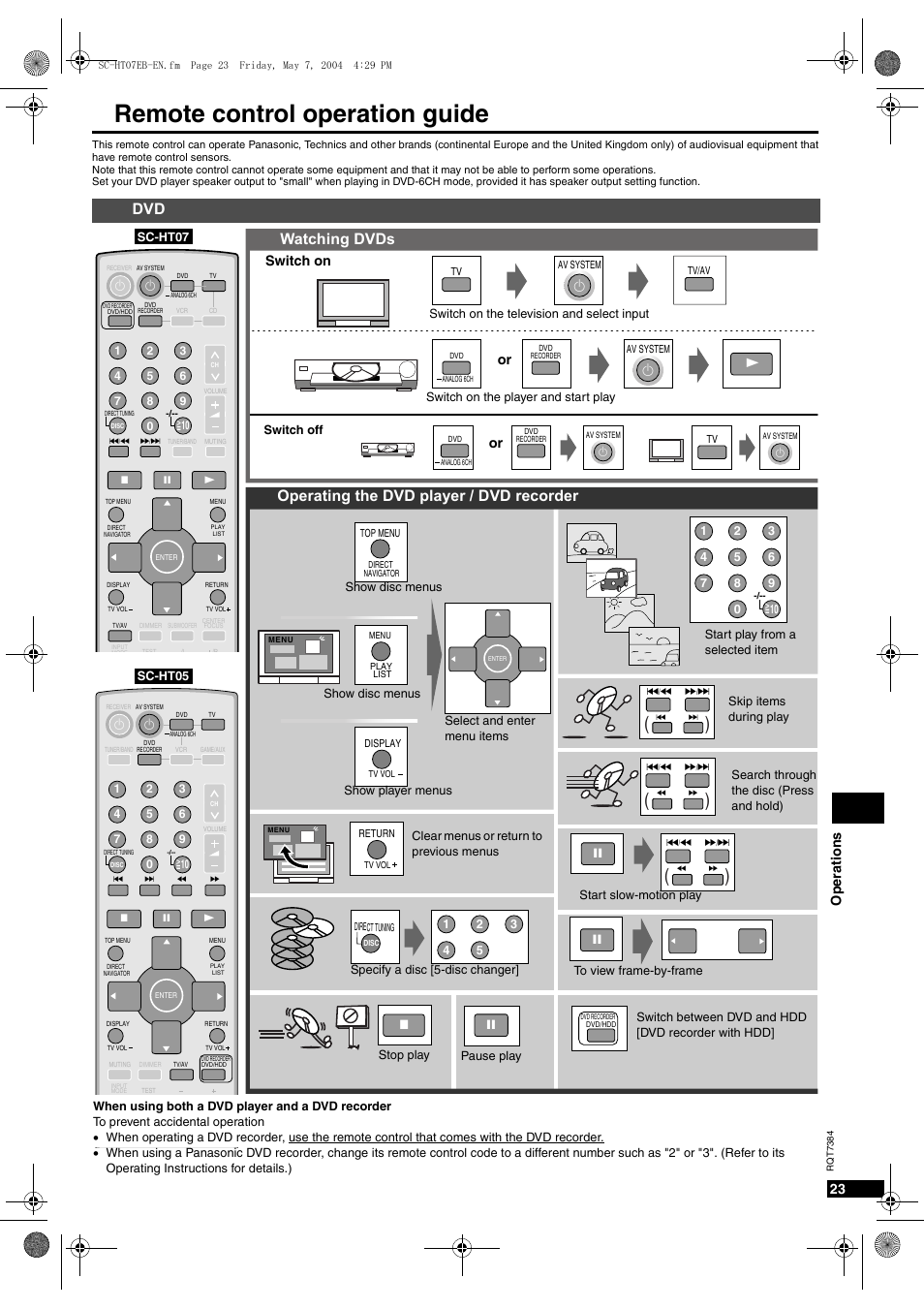 Remote control operation guide, Watching dvds, Operating the dvd player / dvd recorder | Op eratio ns 23, Switch on | Panasonic SC-HT07  EN User Manual | Page 23 / 28