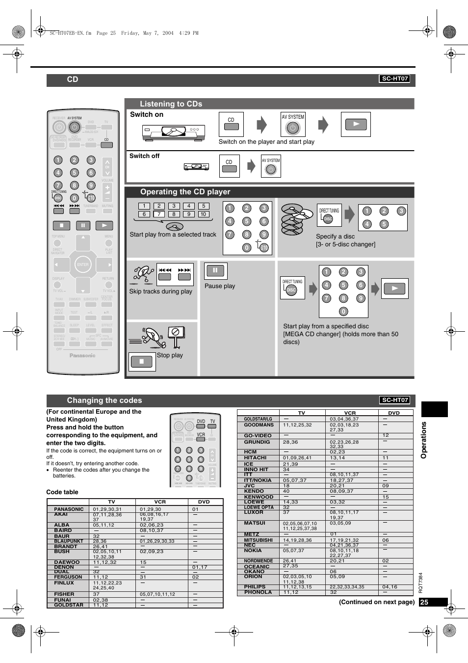 Listening to cds, Operating the cd player, Changing the codes | Op eratio ns 25, Switch on | Panasonic SC-HT07  EN User Manual | Page 25 / 28