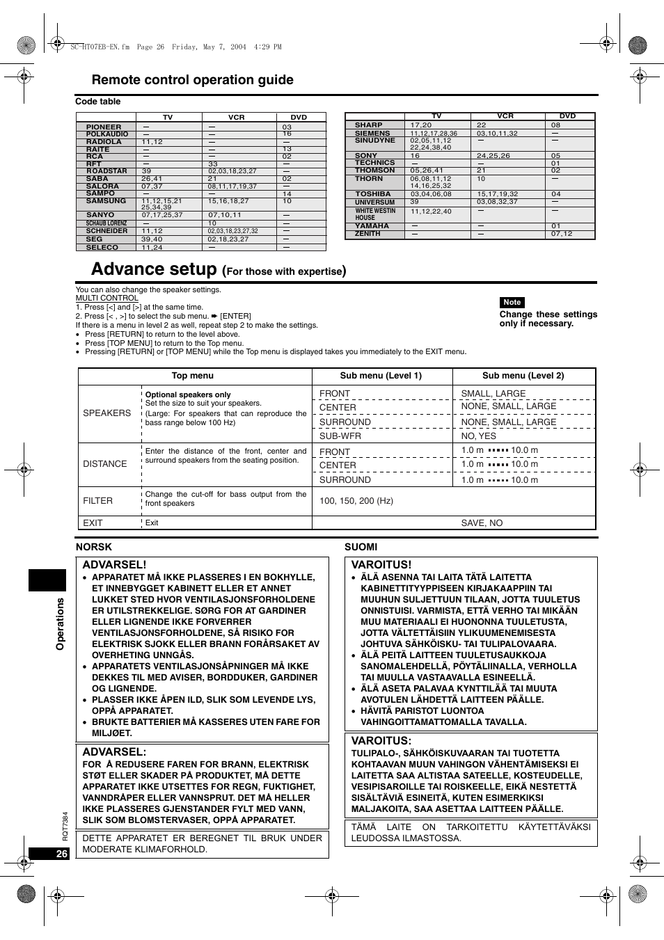 Advance setup, Remote control operation guide, Advarsel | Varoitus | Panasonic SC-HT07  EN User Manual | Page 26 / 28