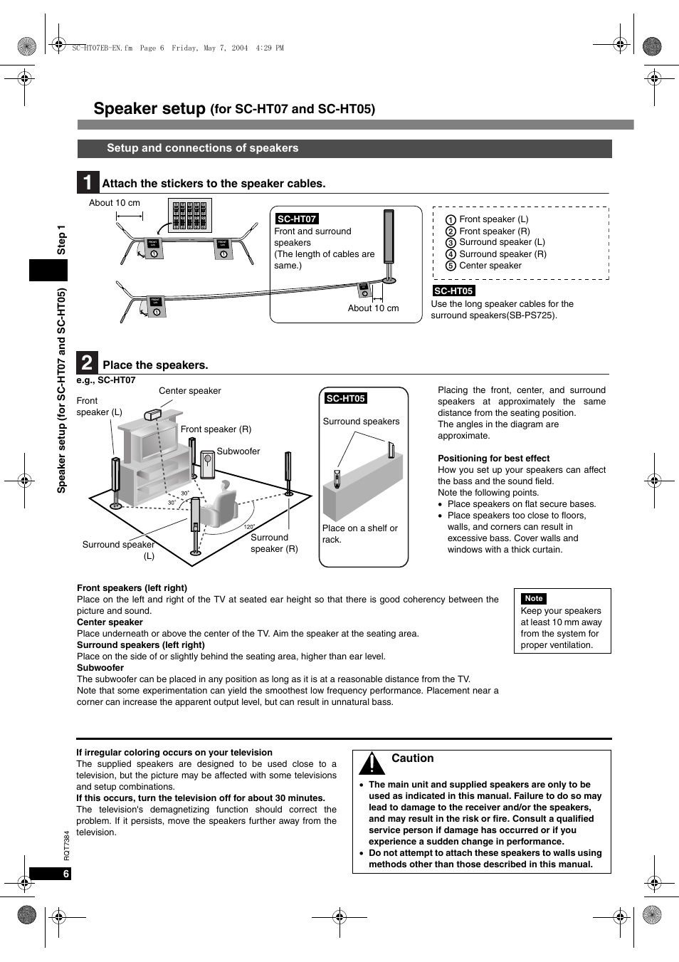 Speaker setup, For sc-ht07 and sc-ht05), Setup and connections of speakers | Attach the stickers to the speaker cables, Place the speakers, Caution | Panasonic SC-HT07  EN User Manual | Page 6 / 28