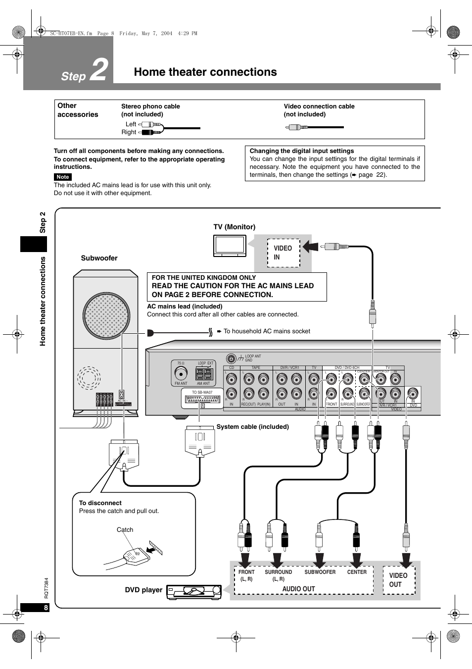 Home theater connections step, Home theater connec tions s tep 2, Audio out video out video in | Subwoofer tv (monitor) dvd player, Other accessories | Panasonic SC-HT07  EN User Manual | Page 8 / 28