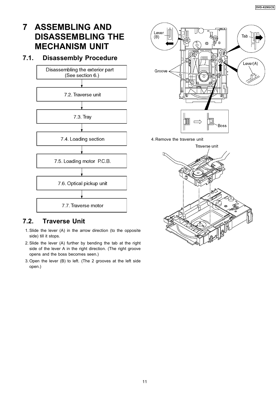 7 assembling and disassembling the mechanism unit, Disassembly procedure 7.2. traverse unit | Panasonic DVD-K29GCS User Manual | Page 11 / 64