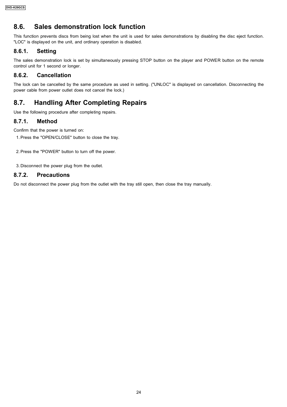 Sales demonstration lock function, Handling after completing repairs | Panasonic DVD-K29GCS User Manual | Page 24 / 64