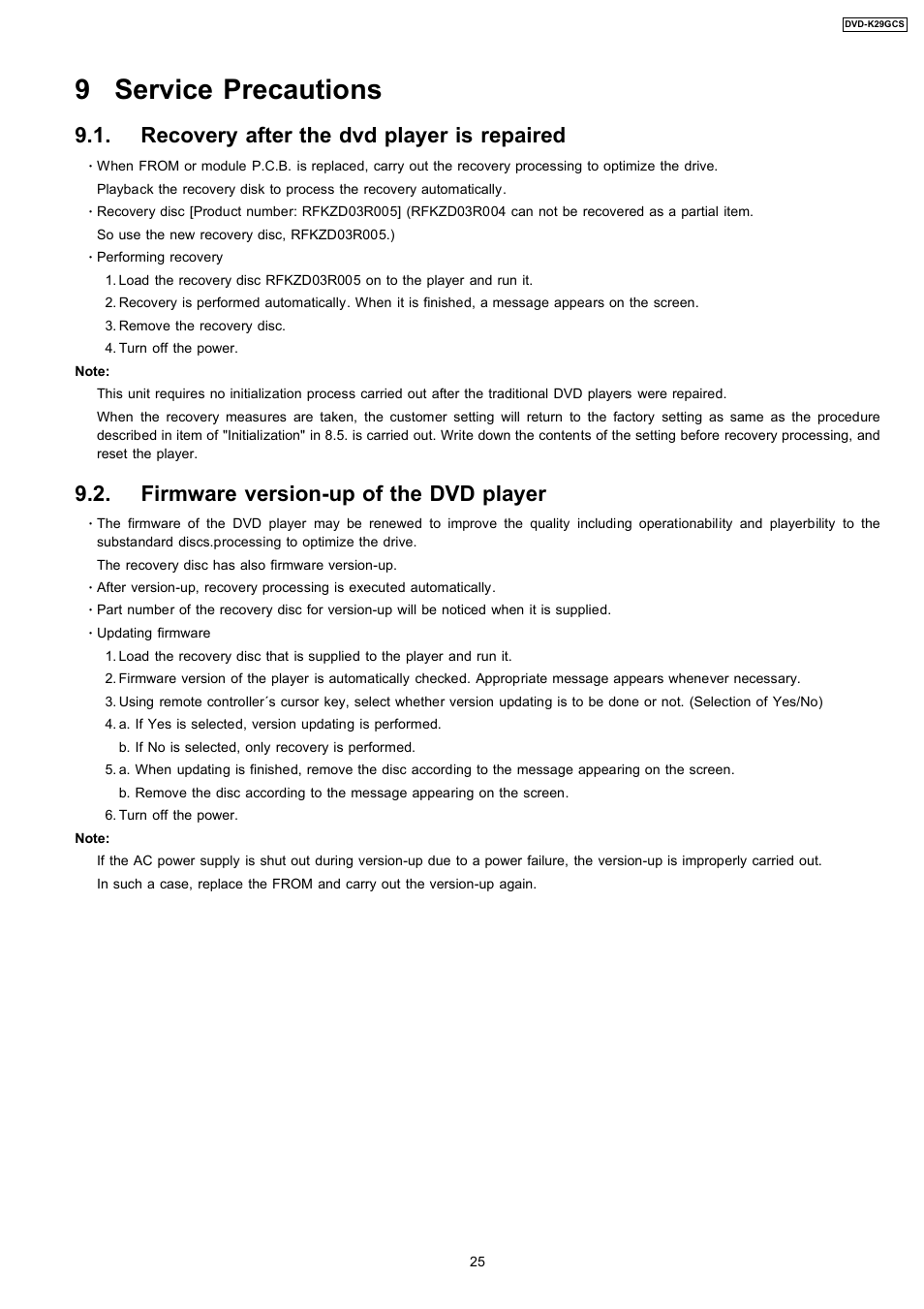 9 service precautions, Recovery after the dvd player is repaired, Firmware version-up of the dvd player | Panasonic DVD-K29GCS User Manual | Page 25 / 64