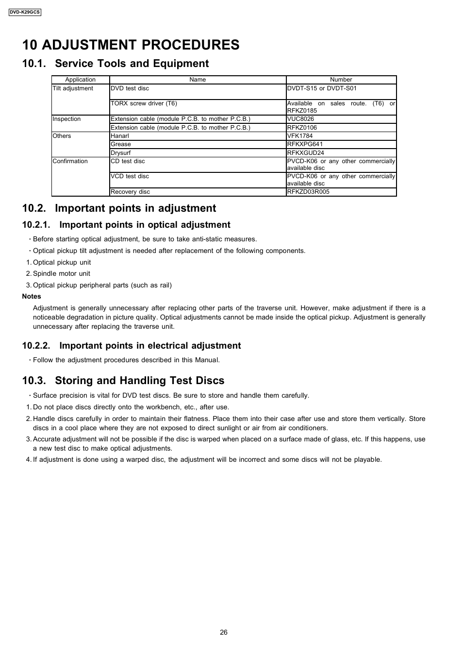 10 adjustment procedures, Service tools and equipment, Important points in adjustment | Storing and handling test discs, Important points in optical adjustment, Important points in electrical adjustment | Panasonic DVD-K29GCS User Manual | Page 26 / 64