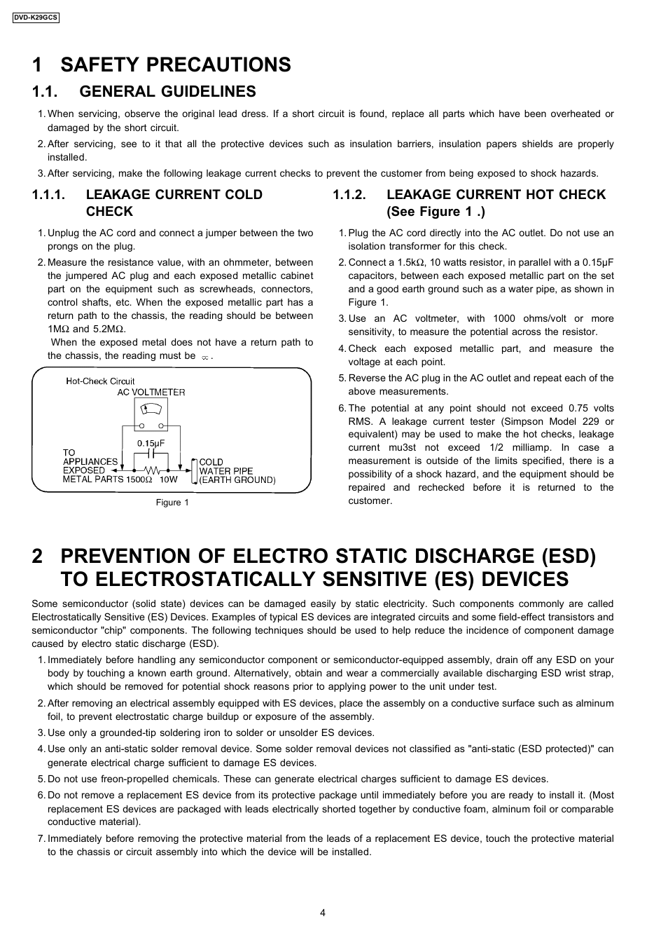 1 safety precautions, General guidelines, Leakage current cold check | Leakage current hot check (see figure 1 .) | Panasonic DVD-K29GCS User Manual | Page 4 / 64