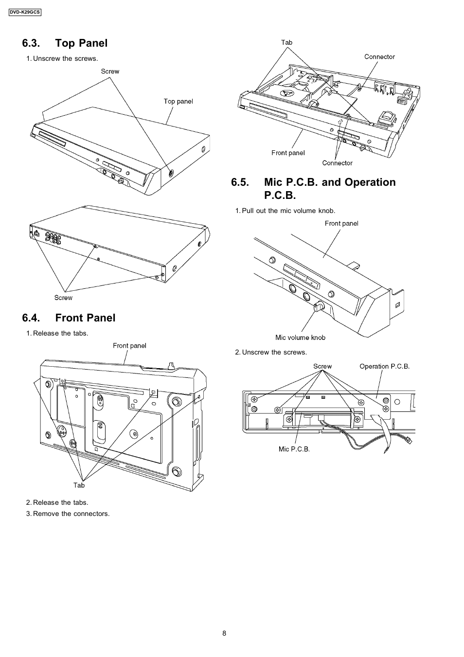 Top panel, Front panel, Mic p.c.b. and operation p.c.b | Panasonic DVD-K29GCS User Manual | Page 8 / 64