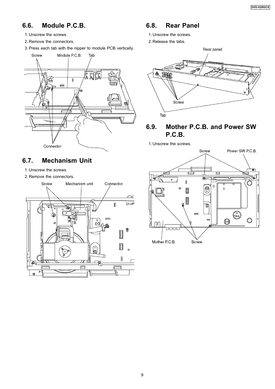 Module p.c.b, Mechanism unit, Rear panel | Mother p.c.b. and power sw p.c.b | Panasonic DVD-K29GCS User Manual | Page 9 / 64