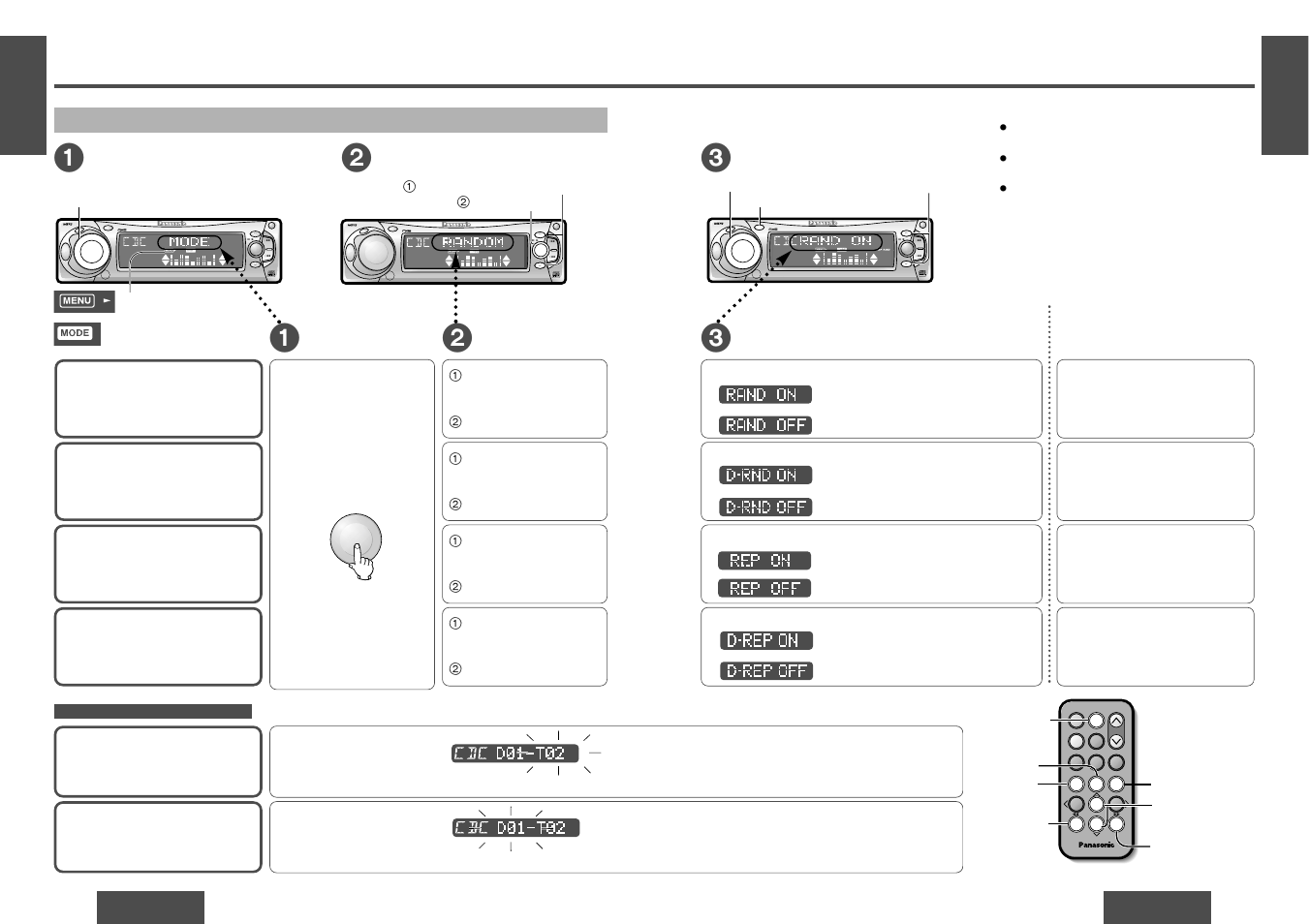 Cd changer control, Menu setting on cd changer mode, Submenu | Setting, Menu, Disp p.set/disc, 1 open band, Pu s h | Panasonic CQ-DFX572U User Manual | Page 14 / 28