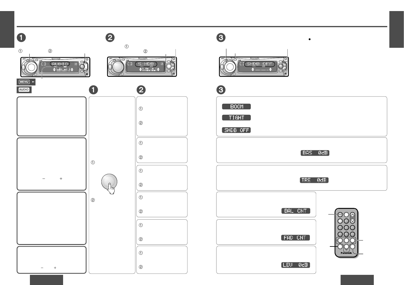 Audio settings [audio, Setting, Menu submenu | Disp p.set/disc, 1 open band | Panasonic CQ-DFX572U User Manual | Page 15 / 28