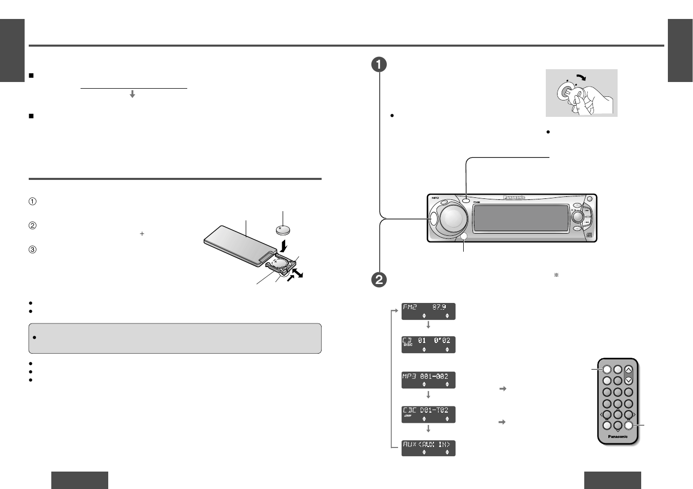 General, Before reading these instructions, Remote control unit preparation | Battery installation, Power, Source, Pu s h, T e x t | Panasonic CQ-DFX572U User Manual | Page 5 / 28