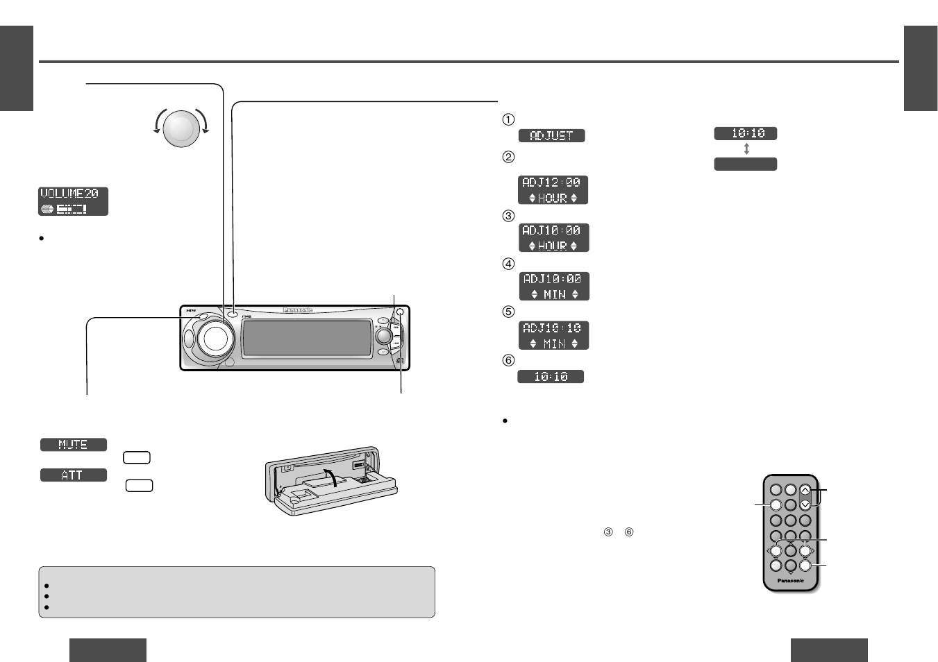 General, Clock basics, Mute/attenuation | Volume, Open/close the front panel, Pu s h, T e x t, Initial time, Time reset, Display change | Panasonic CQ-DFX572U User Manual | Page 6 / 28