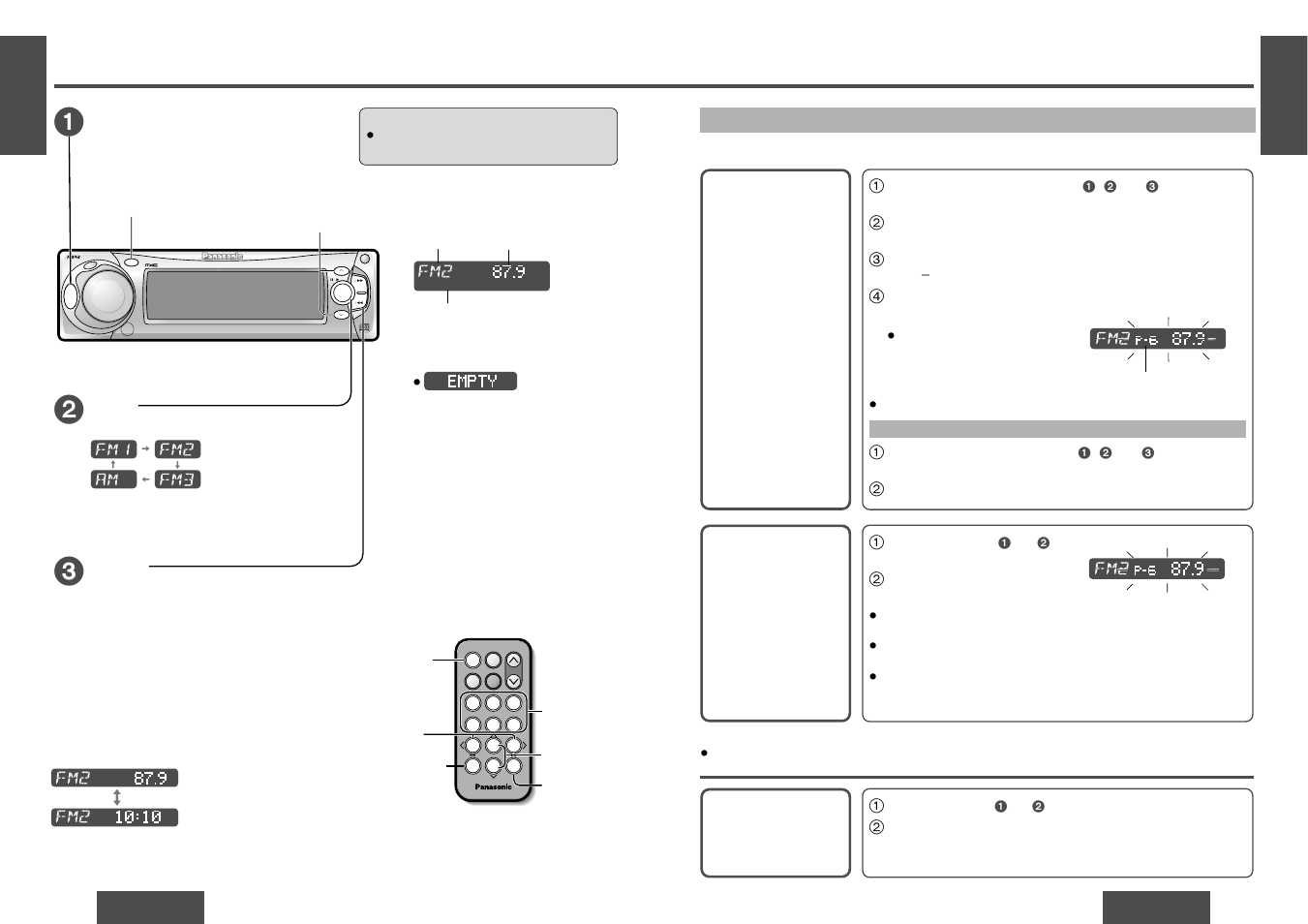 Radio, Band, Radio mode | Tuning, One-touch selection of a preset station, Pu s h, T e x t, Display change, Preset station calling | Panasonic CQ-DFX572U User Manual | Page 7 / 28