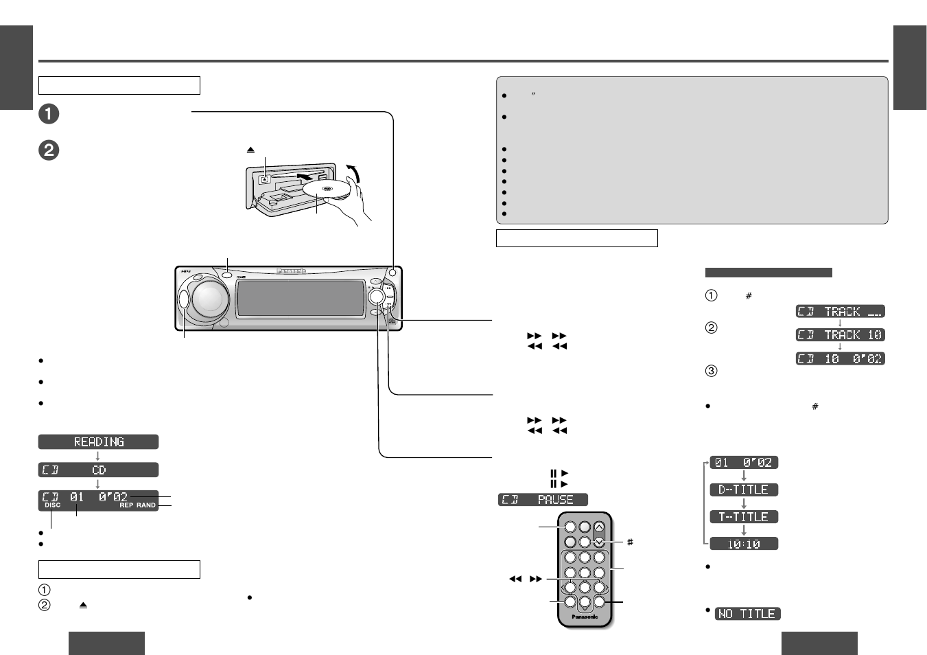 Cd player, Track selection, Open the front panel | Insert the disc, Cd player mode, Track search, Direct track selection, Pause, Pu s h, T e x t | Panasonic CQ-DFX572U User Manual | Page 8 / 28