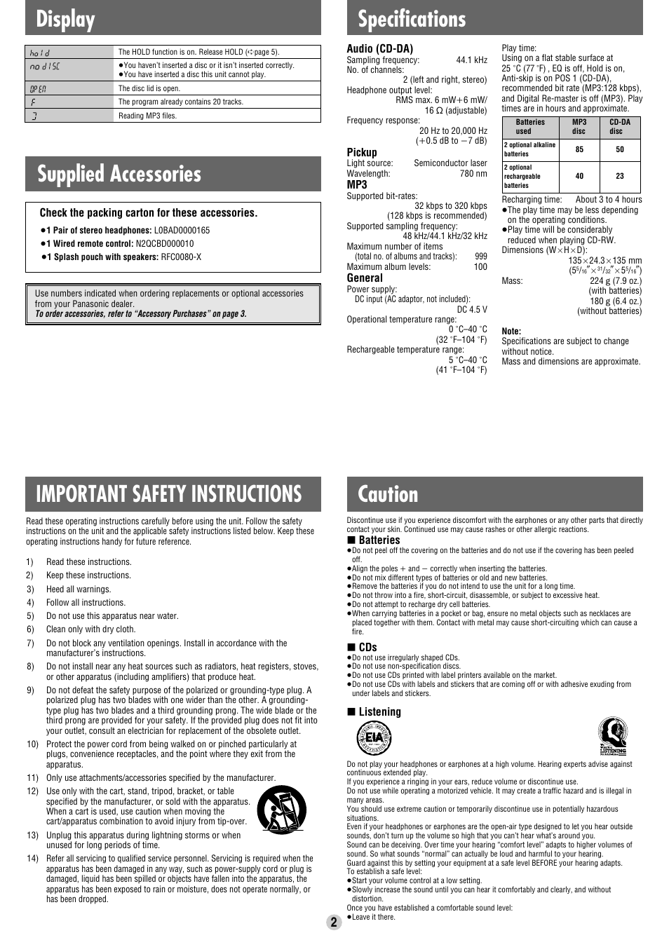 Specifications, Caution, Important safety instructions | Supplied accessories, Display, Batteries, Listening, Check the packing carton for these accessories, Audio (cd-da), Pickup | Panasonic SL-SK434 User Manual | Page 2 / 6