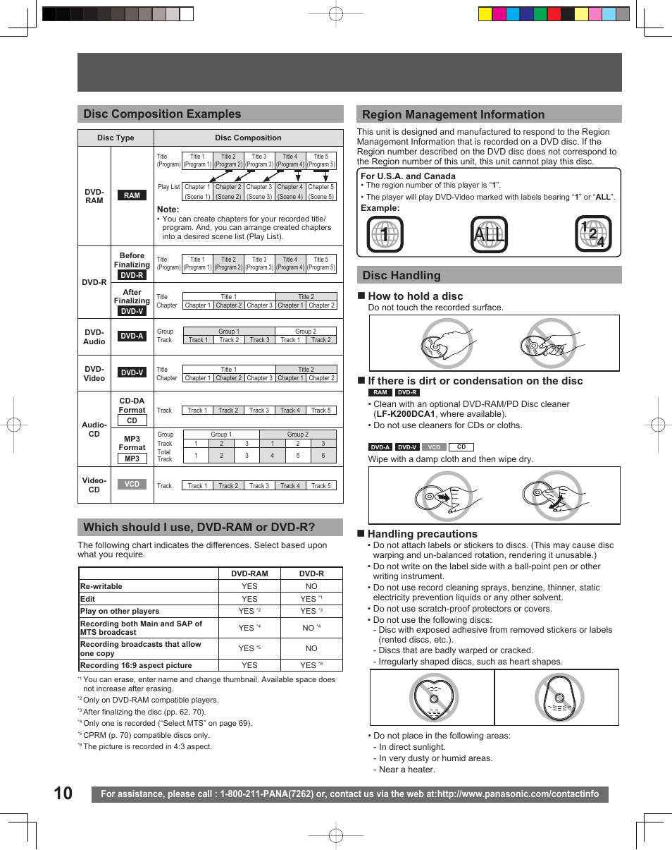 Disc handling, Which should i use, dvd-ram or dvd-r, Handling precautions | How to hold a disc, If there is dirt or condensation on the disc | Panasonic TC 22LR30 User Manual | Page 10 / 92