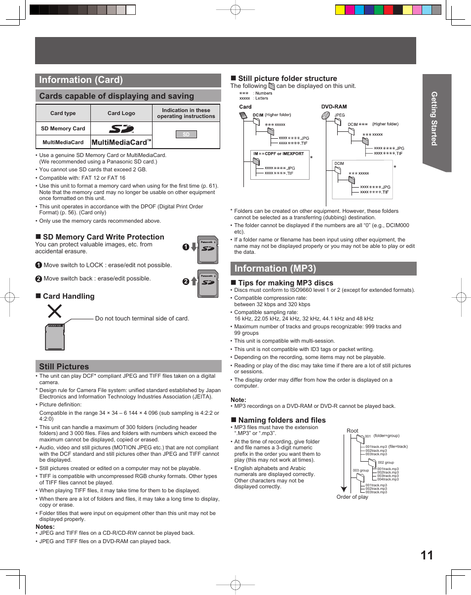 Information (mp3), Information (card), Cards capable of displaying and saving | Still pictures, Getting started, Still picture folder structure, Card handling, Naming folders and files, Tips for making mp3 discs | Panasonic TC 22LR30 User Manual | Page 11 / 92