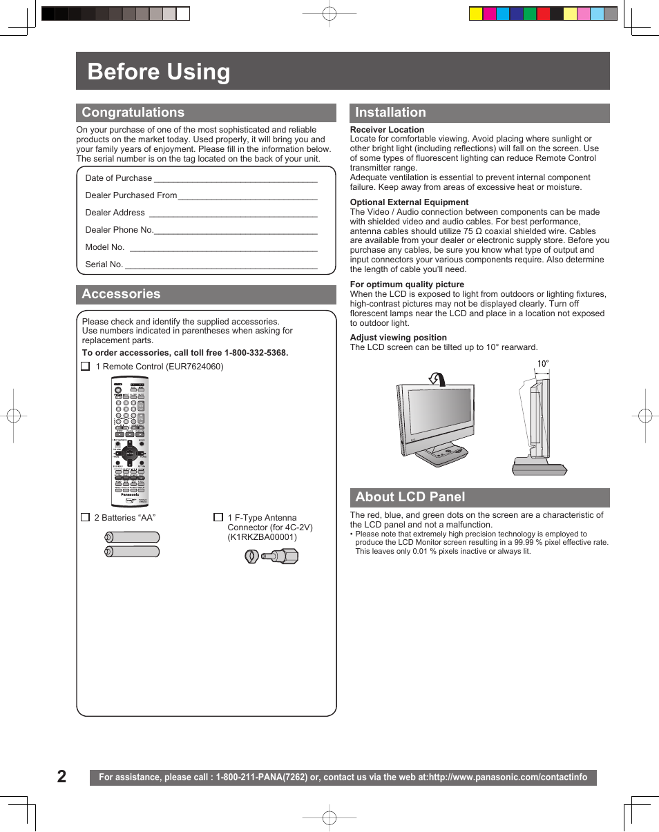 Getting started, Before using, About lcd panel | Panasonic TC 22LR30 User Manual | Page 2 / 92