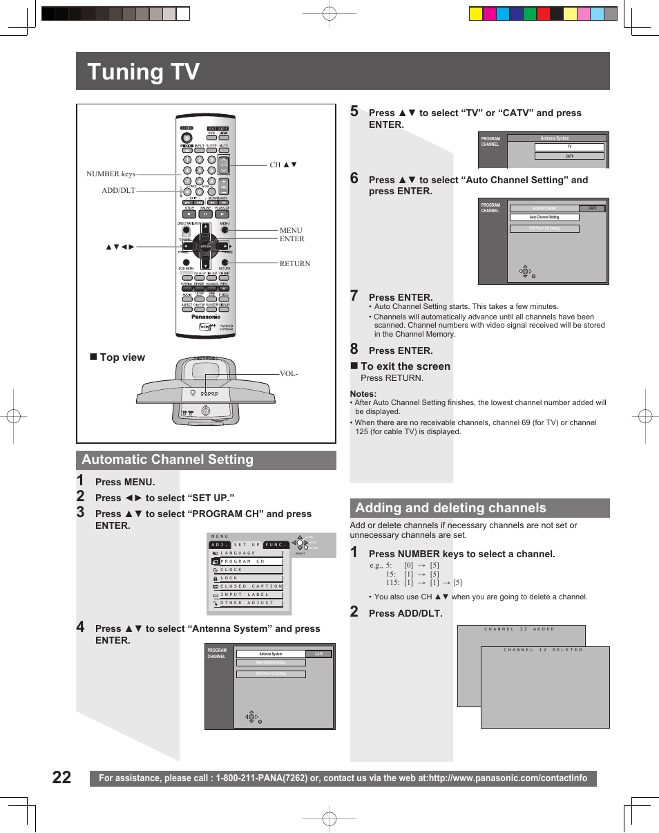 Tuning tv, Automatic channel setting, Adding and deleting channels | Top view | Panasonic TC 22LR30 User Manual | Page 22 / 92