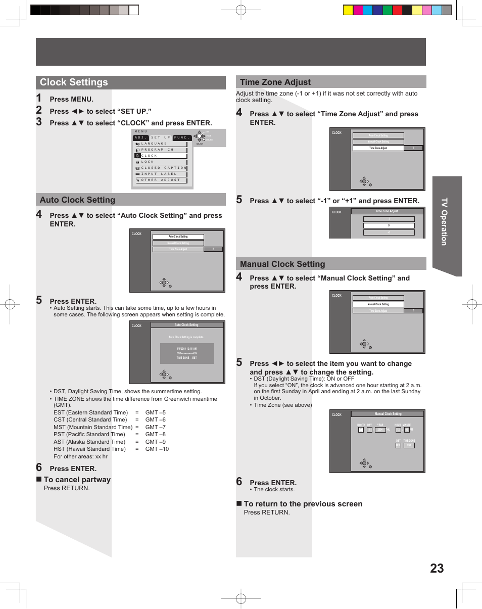 Clock settings, Tv operation | Panasonic TC 22LR30 User Manual | Page 23 / 92