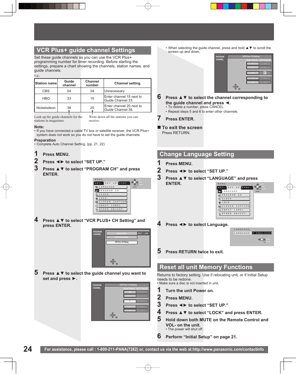 Vcr plus+ guide channel settings, Change language setting | Panasonic TC 22LR30 User Manual | Page 24 / 92