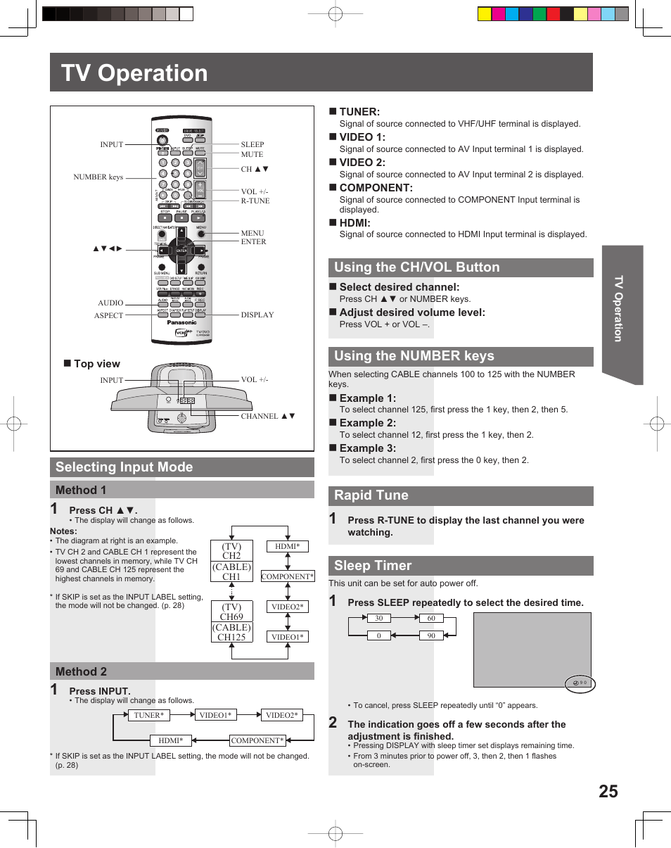 Tv operation, Selecting input mode using the ch/vol button, Rapid tune | Using the number keys, Sleep timer | Panasonic TC 22LR30 User Manual | Page 25 / 92