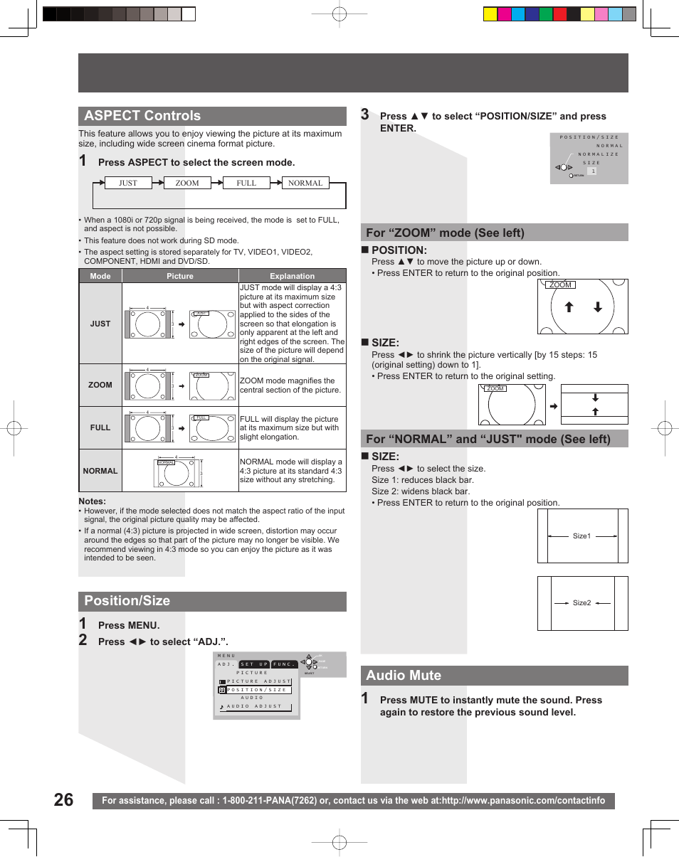 Aspect controls, Audio mute position/size, Size | Position | Panasonic TC 22LR30 User Manual | Page 26 / 92