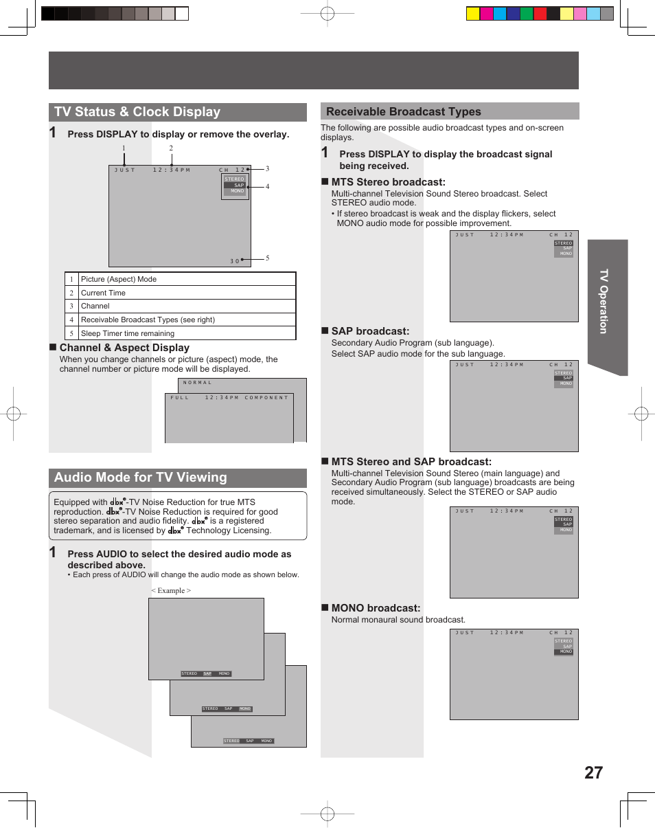 Tv status & clock display, Audio mode for tv viewing, Receivable broadcast types | Tv operation, Channel & aspect display, Mts stereo broadcast, Sap broadcast, Mono broadcast, Mts stereo and sap broadcast | Panasonic TC 22LR30 User Manual | Page 27 / 92