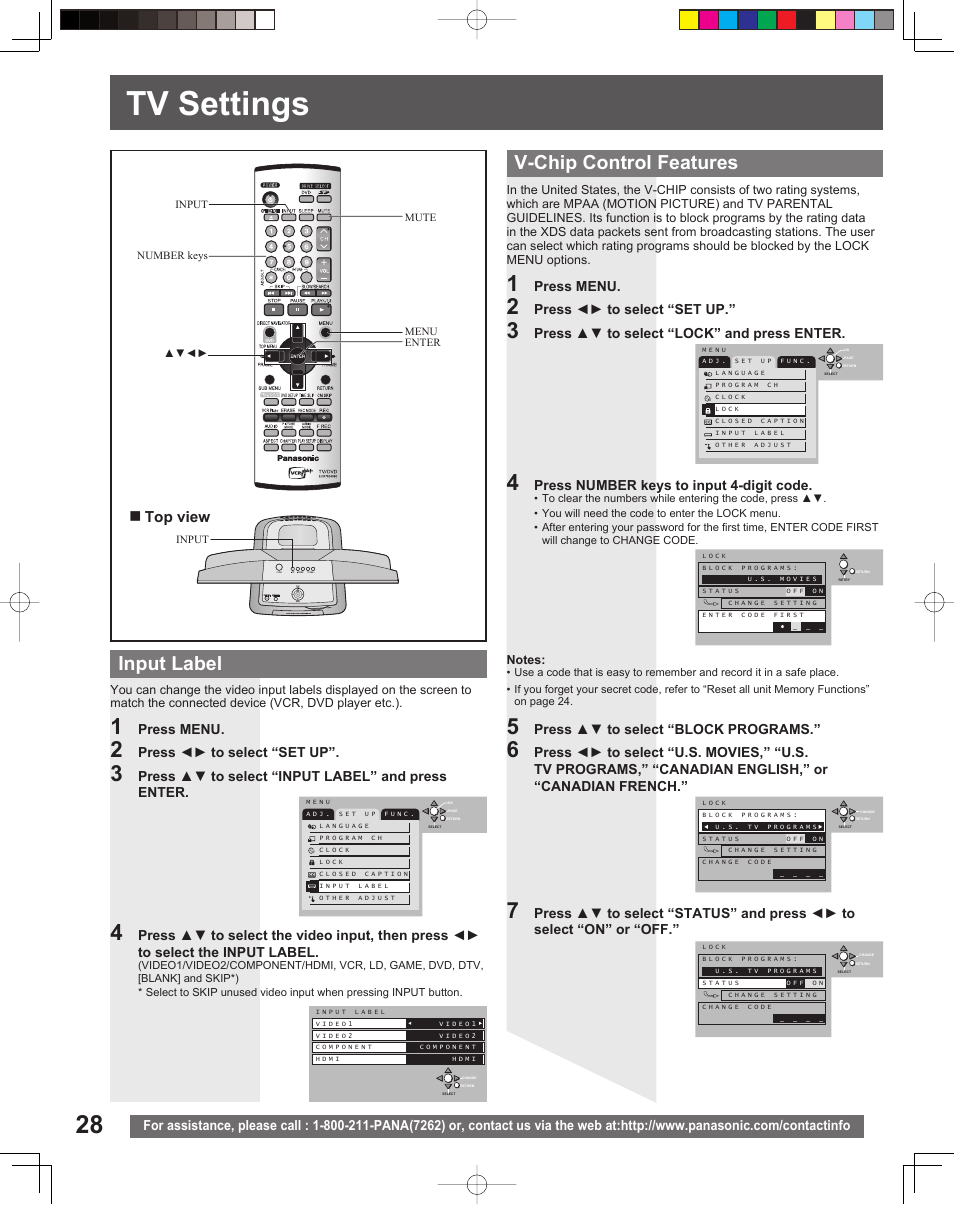 Tv settings, Input label, V-chip control features | Top view, Press menu, Press ◄► to select “set up, Press ▲▼ to select “input label” and press enter, Press ▲▼ to select “lock” and press enter, Press number keys to input 4-digit code, Press ▲▼ to select “block programs | Panasonic TC 22LR30 User Manual | Page 28 / 92