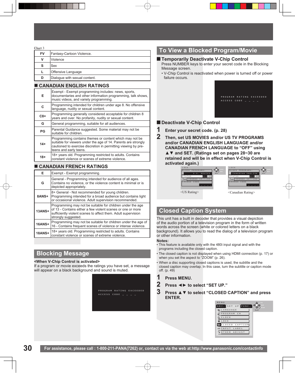 Blocking message to view a blocked program/movie, Closed caption system, Canadian english ratings | Canadian french ratings, Temporarily deactivate v-chip control, Deactivate v-chip control | Panasonic TC 22LR30 User Manual | Page 30 / 92