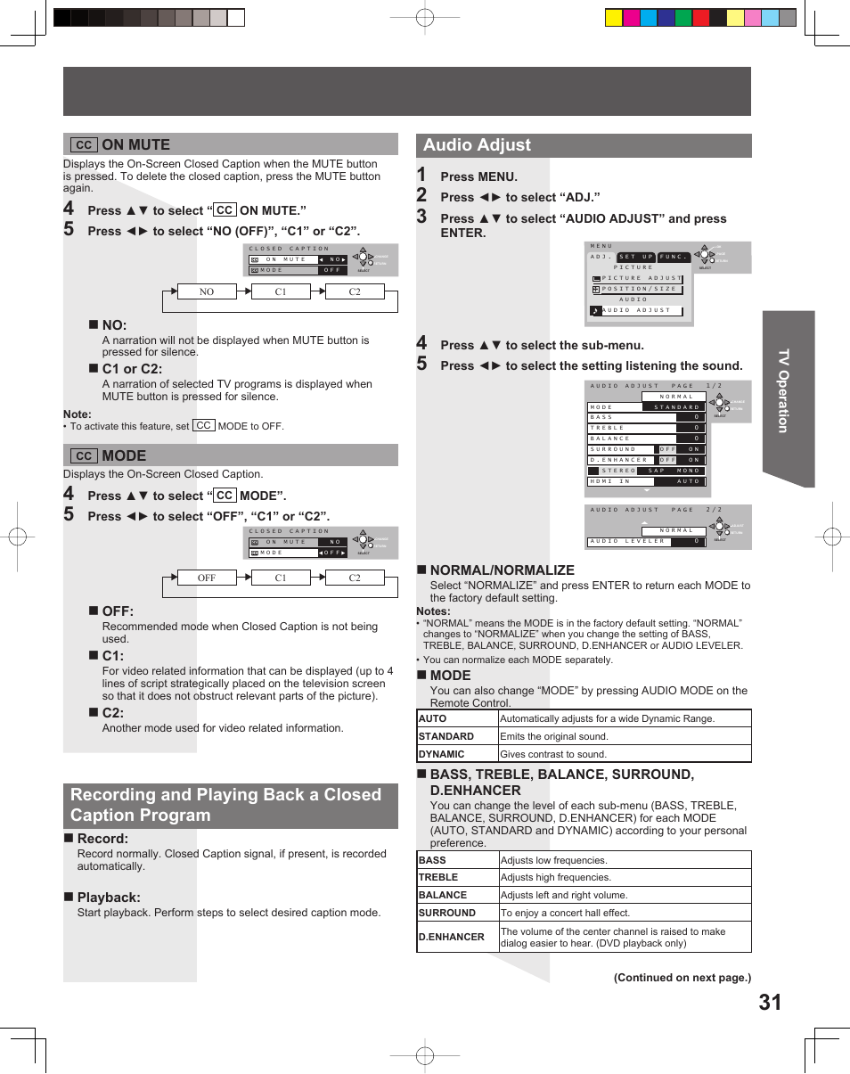 Audio adjust, On mute, Mode | Tv operation, Record, Playback, C1 or c2, Normal/normalize, Bass, treble, balance, surround, d.enhancer | Panasonic TC 22LR30 User Manual | Page 31 / 92