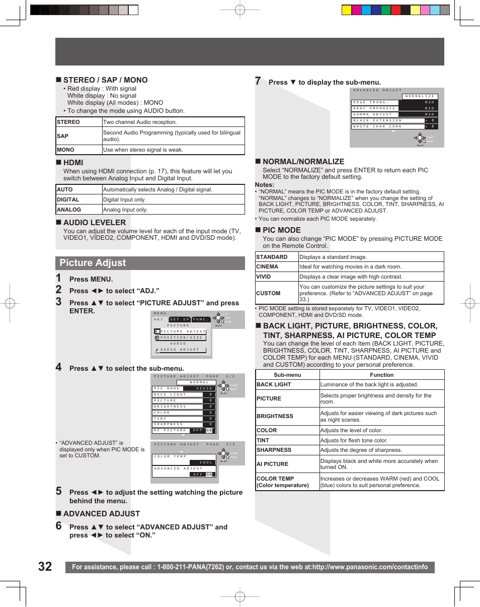 Picture adjust, Stereo / sap / mono, Hdmi | Audio leveler, Normal/normalize, Pic mode, Advanced adjust | Panasonic TC 22LR30 User Manual | Page 32 / 92