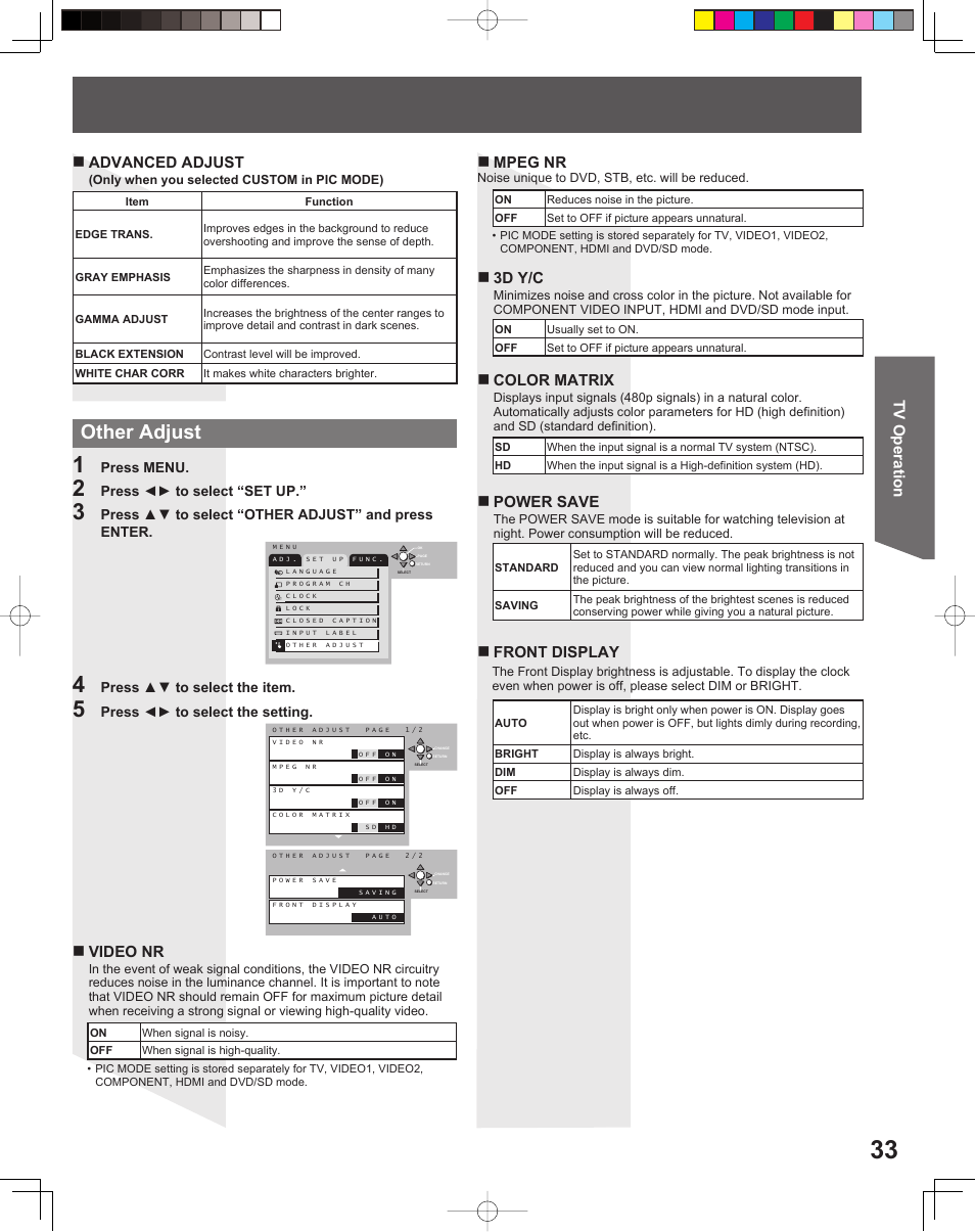 Other adjust, Tv operation advanced adjust, Video nr | Mpeg nr, 3d y/c, Color matrix, Power save, Front display | Panasonic TC 22LR30 User Manual | Page 33 / 92