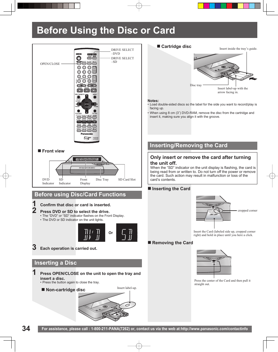 Disc / card operation, Before using the disc or card, Before using disc/card functions | Inserting a disc, Inserting/removing the card | Panasonic TC 22LR30 User Manual | Page 34 / 92