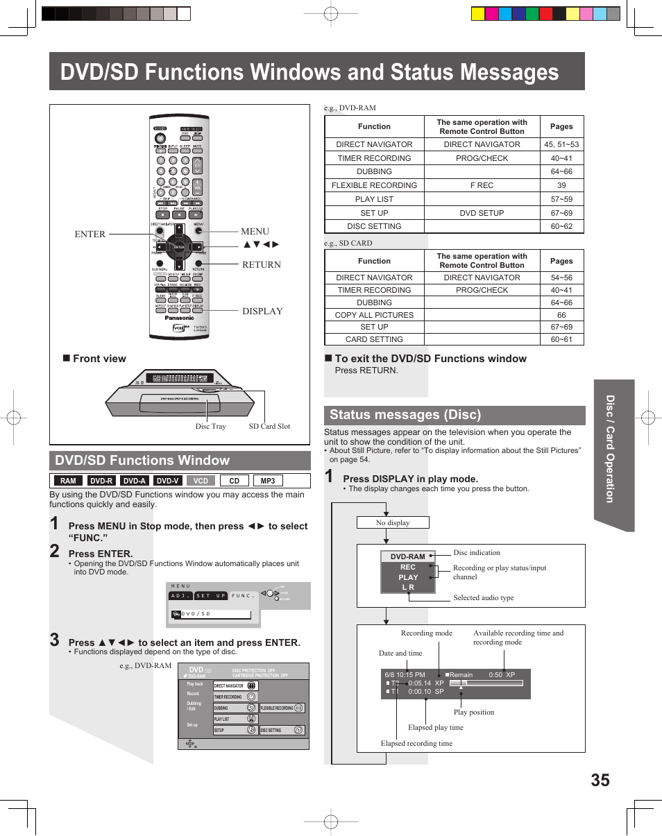 Dvd/sd functions windows and status messages, Dvd/sd functions window, Status messages (disc) | Disc / card operation front view | Panasonic TC 22LR30 User Manual | Page 35 / 92