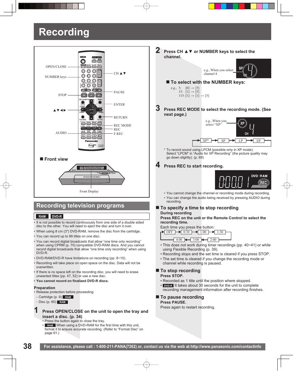 Recording, Recording television programs | Panasonic TC 22LR30 User Manual | Page 38 / 92