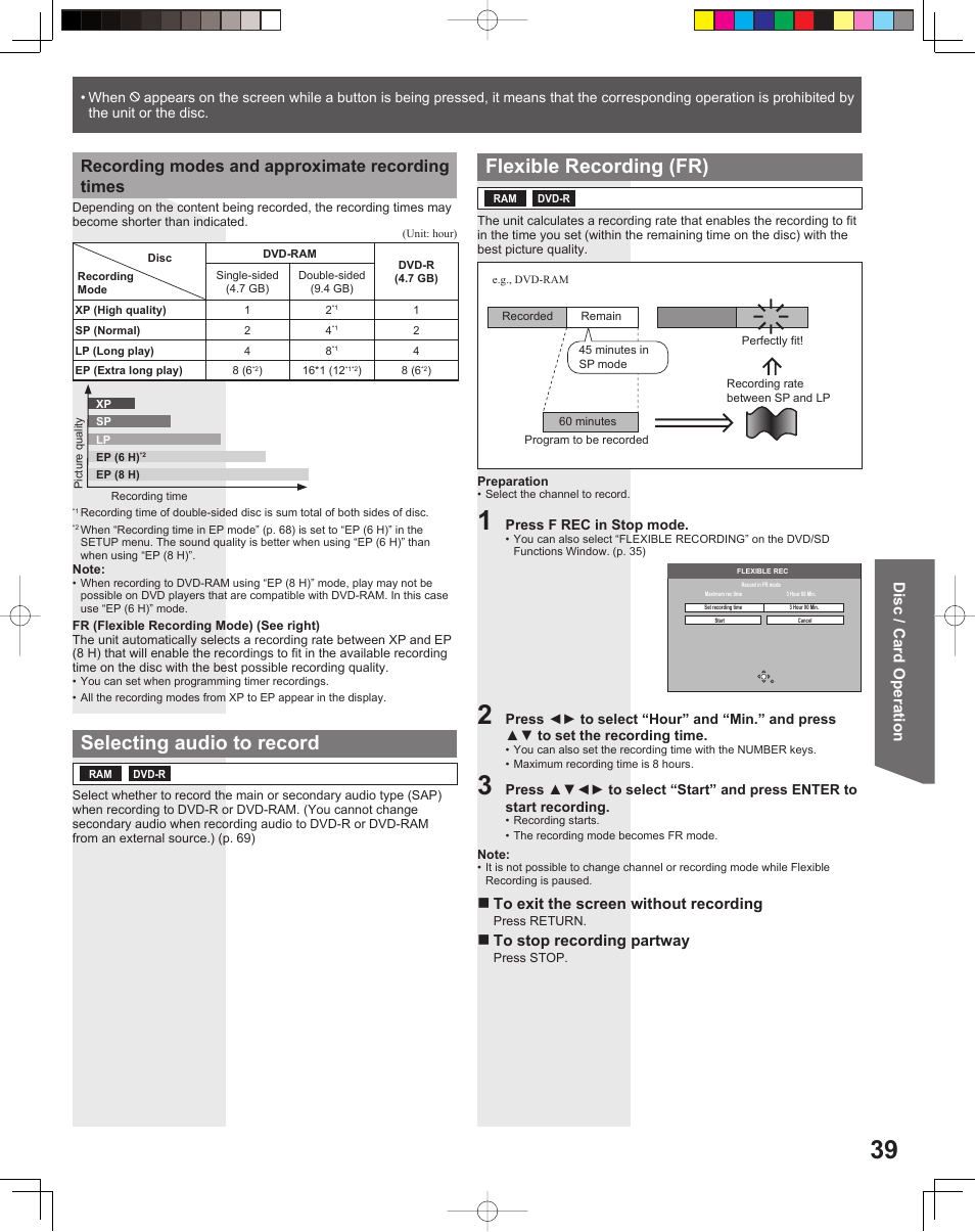 Selecting audio to record, Flexible recording (fr), Recording modes and approximate recording times | Disc / card operation | Panasonic TC 22LR30 User Manual | Page 39 / 92