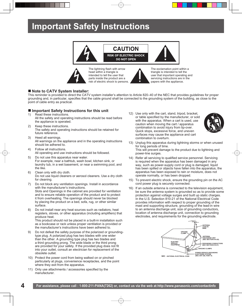 Important safety instructions, Important safety instructions for this unit | Panasonic TC 22LR30 User Manual | Page 4 / 92