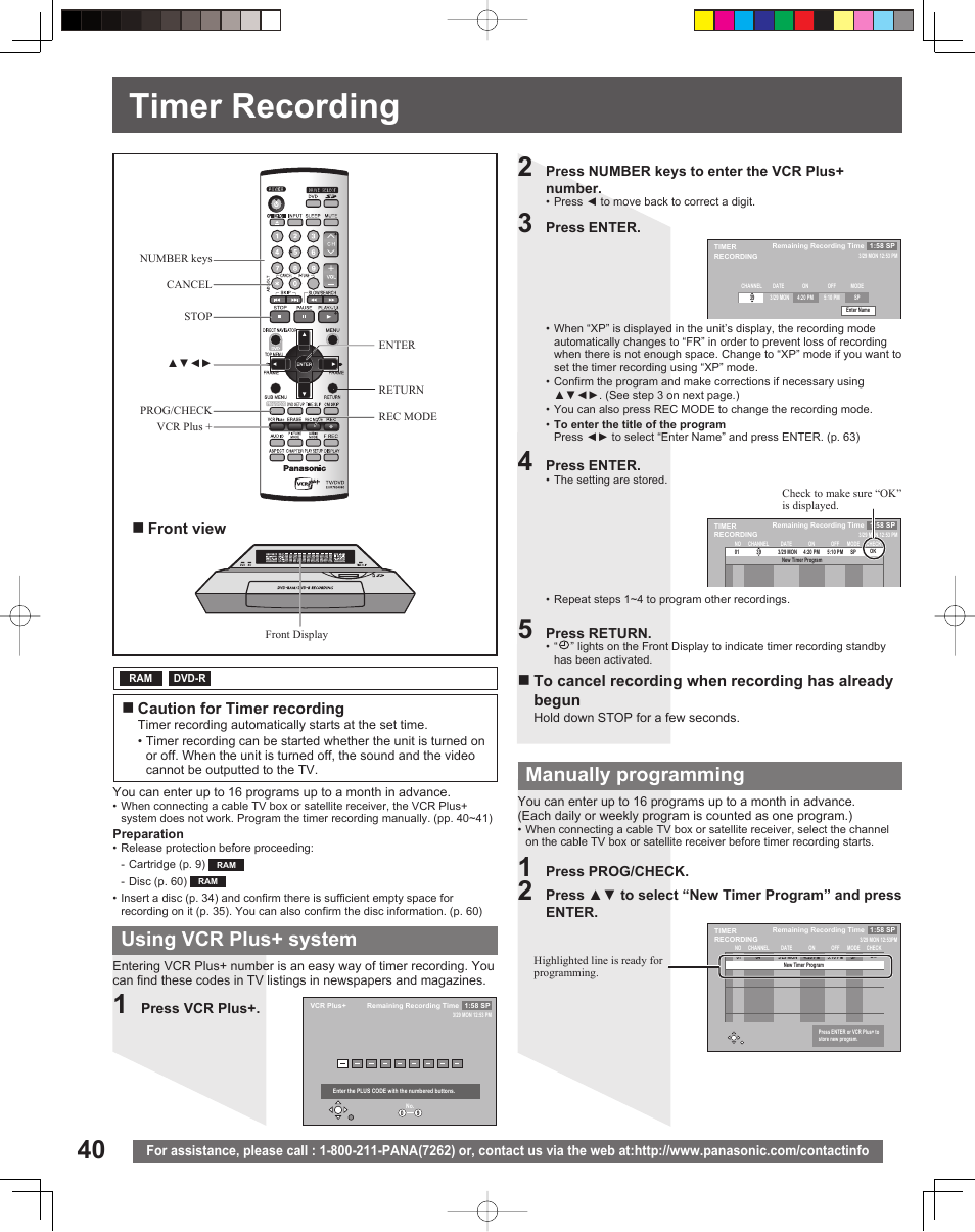 Timer recording, Using vcr plus+ system, Manually programming | Front view, Caution for timer recording | Panasonic TC 22LR30 User Manual | Page 40 / 92