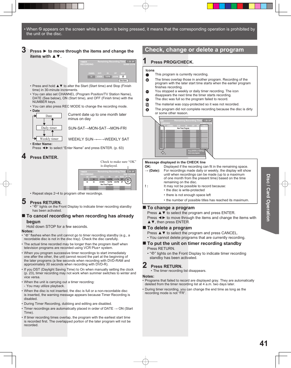 Check, change or delete a program, Disc / card operation | Panasonic TC 22LR30 User Manual | Page 41 / 92