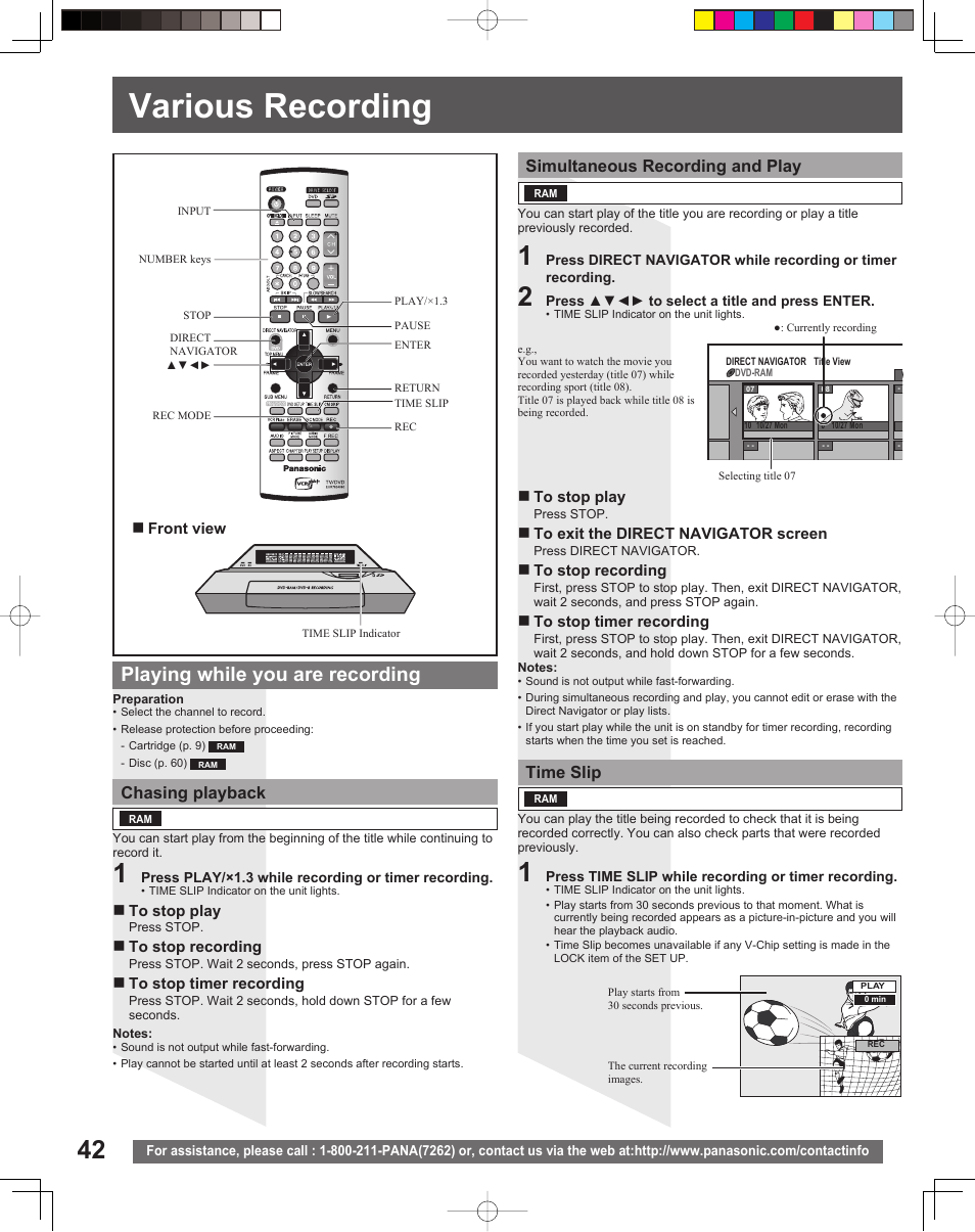 Various recording, Playing while you are recording, Chasing playback | Simultaneous recording and play, Time slip | Panasonic TC 22LR30 User Manual | Page 42 / 92