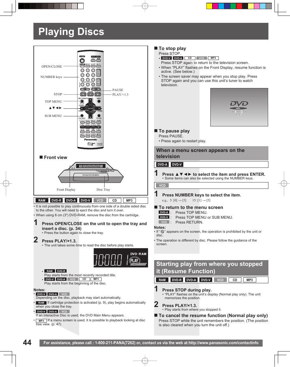 Playing discs, When a menu screen appears on the television | Panasonic TC 22LR30 User Manual | Page 44 / 92