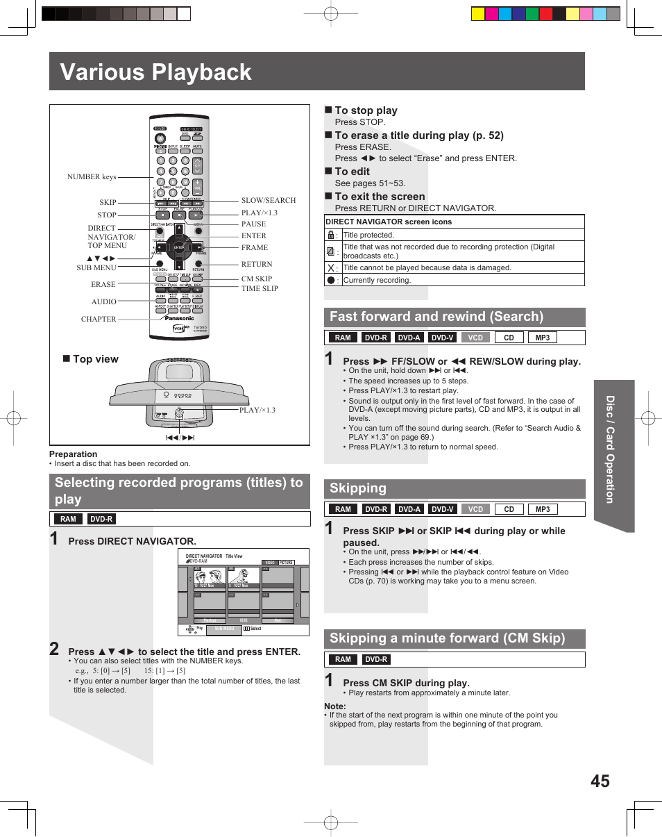 Various playback, Selecting recorded programs (titles) to play, Fast forward and rewind (search) | Skipping, Skipping a minute forward (cm skip) | Panasonic TC 22LR30 User Manual | Page 45 / 92