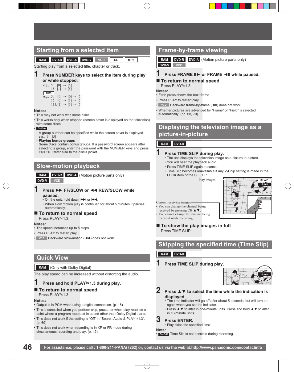 Starting from a selected item, Quick view, Slow-motion playback | Frame-by-frame viewing, Skipping the specified time (time slip) | Panasonic TC 22LR30 User Manual | Page 46 / 92