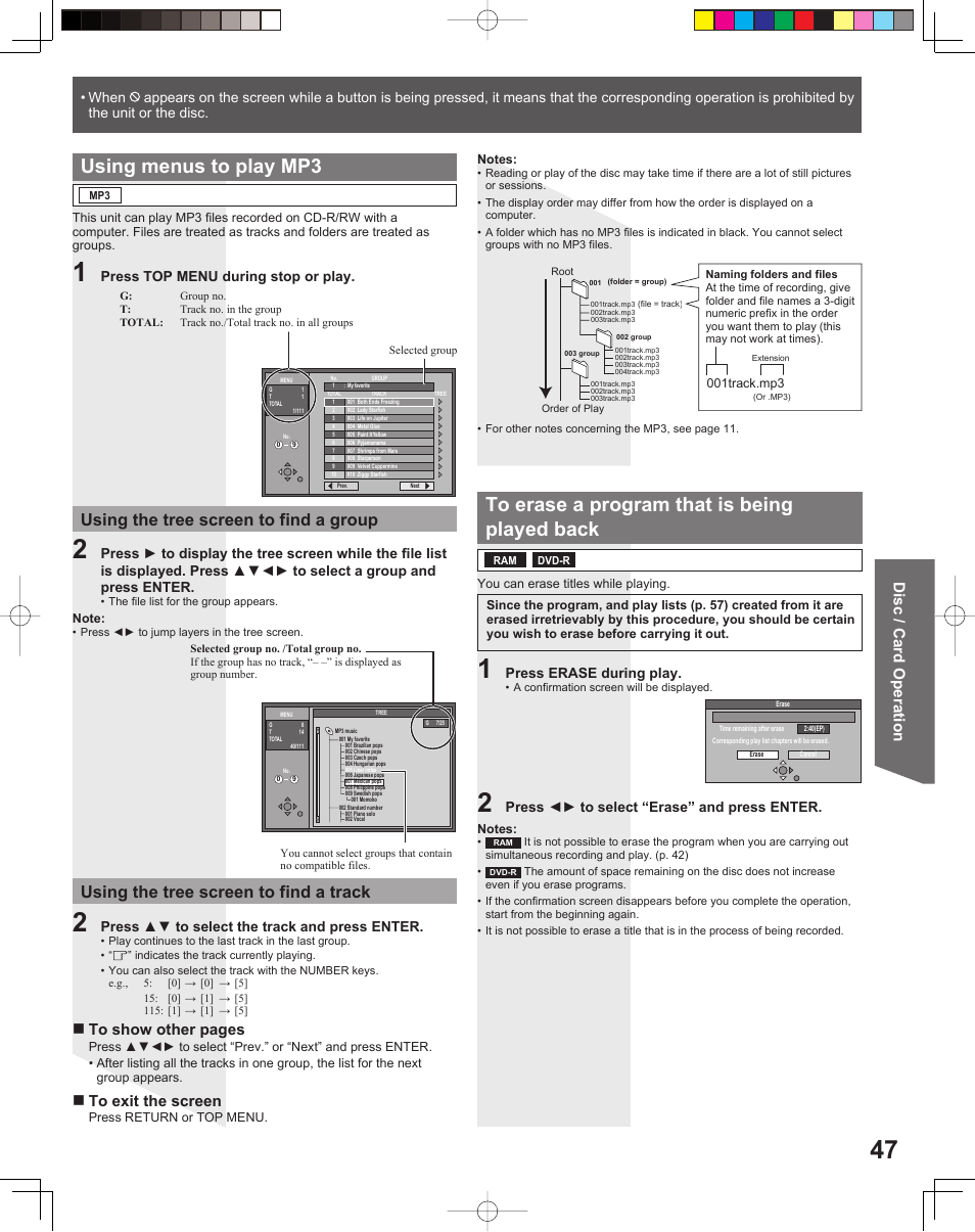 Using menus to play mp3, Disc / card operation | Panasonic TC 22LR30 User Manual | Page 47 / 92