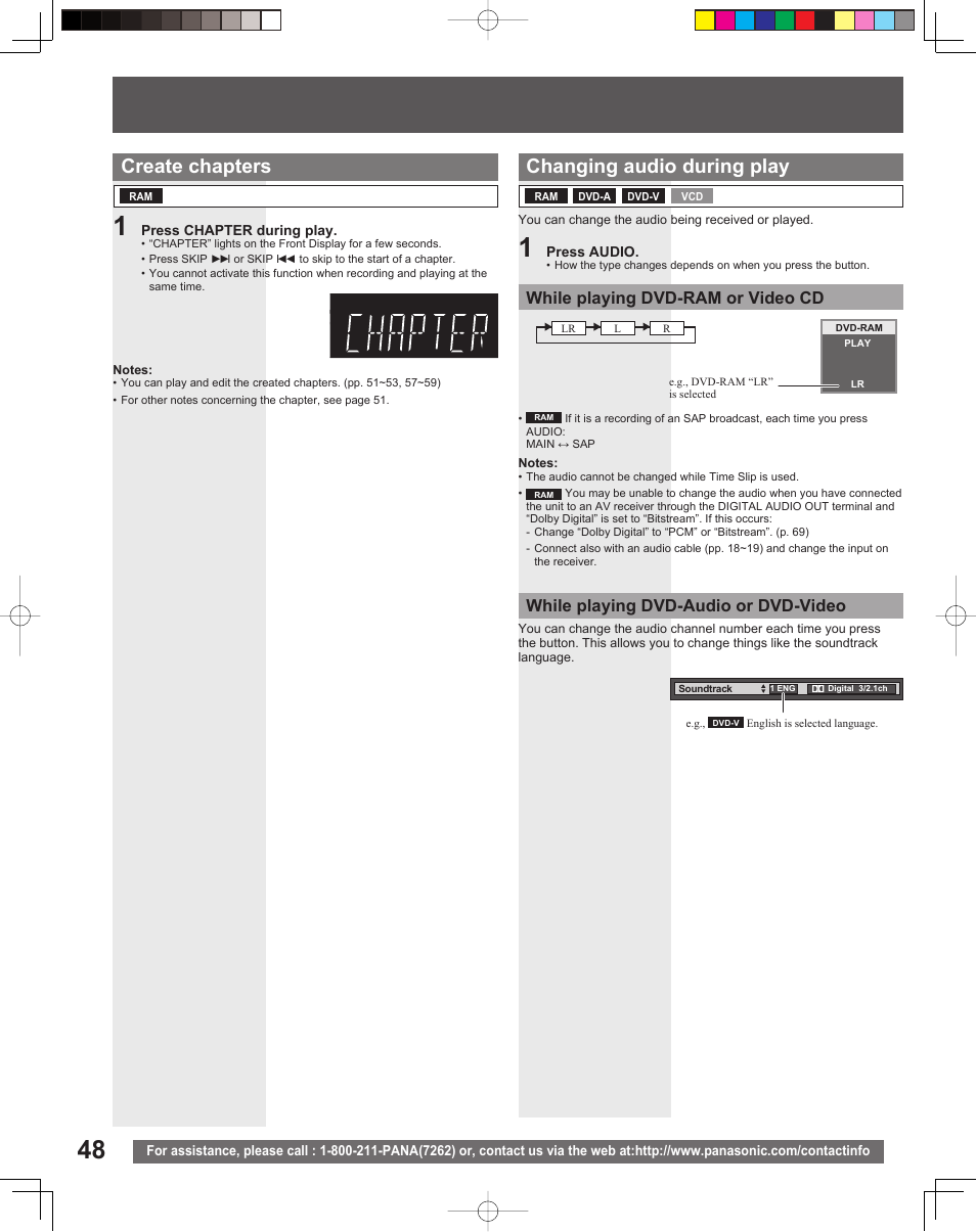 Create chapters, Changing audio during play, While playing dvd-ram or video cd | While playing dvd-audio or dvd-video | Panasonic TC 22LR30 User Manual | Page 48 / 92