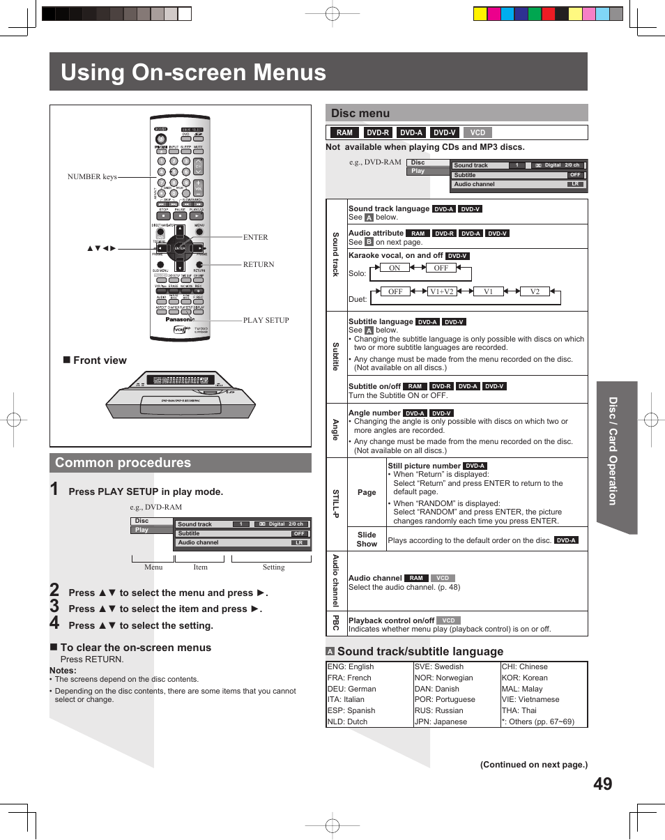 Using on-screen menus, Common procedures, Disc menu | Sound track/subtitle language, Disc / card operation front view | Panasonic TC 22LR30 User Manual | Page 49 / 92